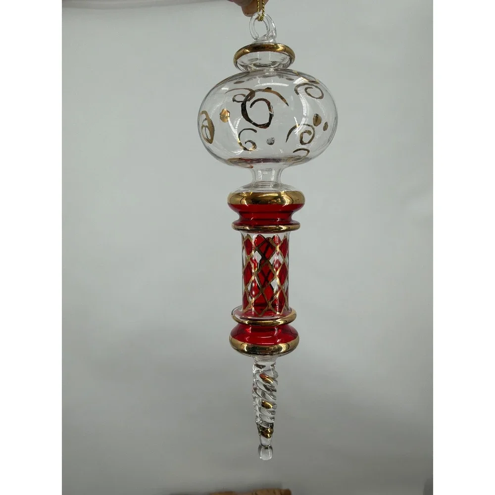 Vintage‎ Hand Blown Glass Finial Christmas Ornament Red Gold Scroll 7.5 Inch